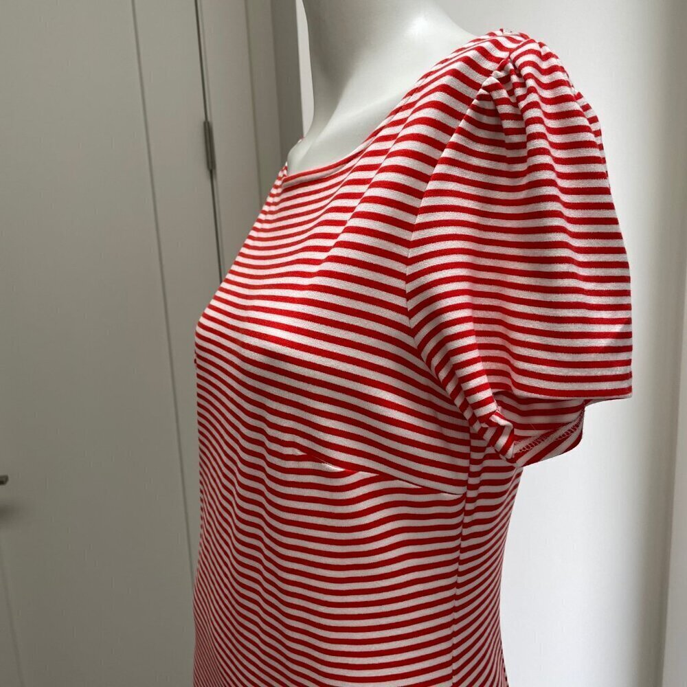 Ann Taylor Petite SS Jewel Neck Striped Midi Dress Orangey Red White Sz 6P NWOT - Picture 5 of 13